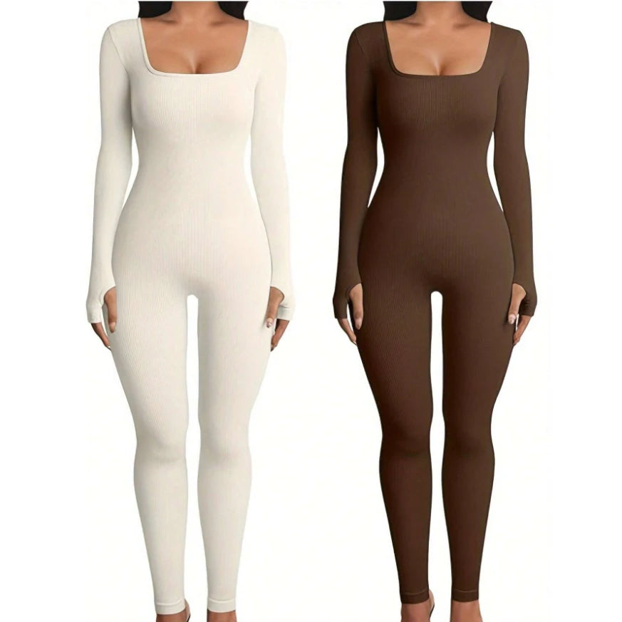 FCJ Women's Sports Bodysuit & Jumpsuit Long Sleeve Yoga Workout Clothing with Square Collar Fitness & Sports Fitness Jumpsuit