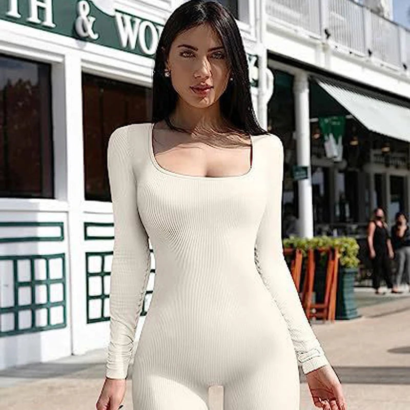 FCJ Women's Sports Bodysuit & Jumpsuit Long Sleeve Yoga Workout Clothing with Square Collar Fitness & Sports Fitness Jumpsuit
