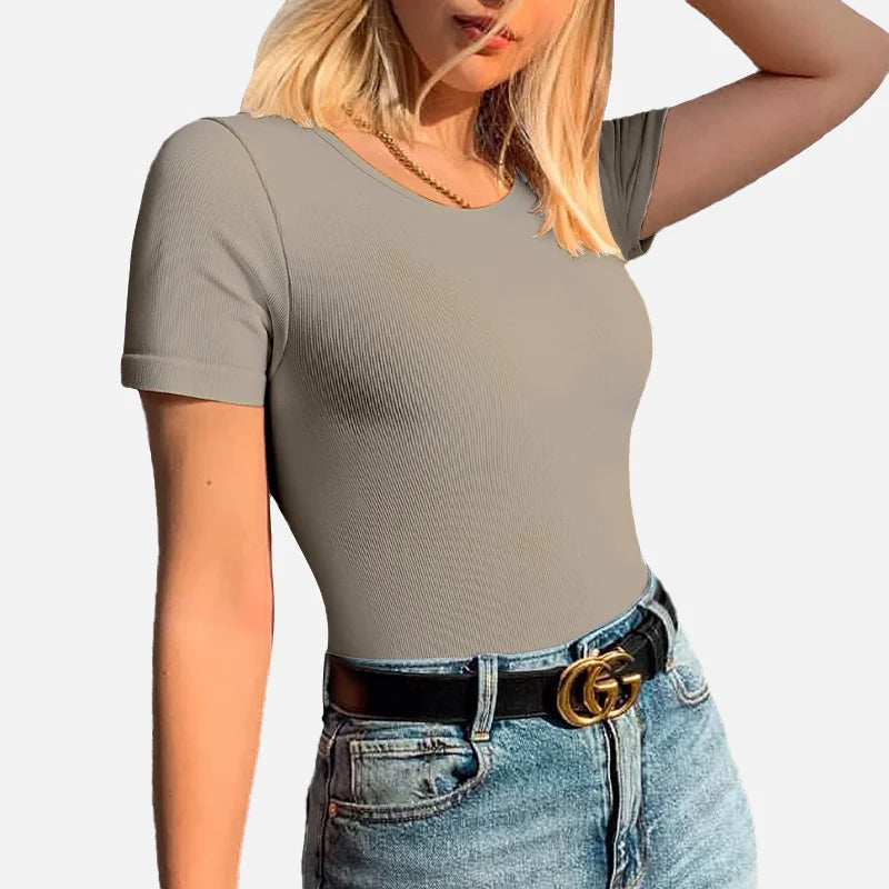 Custom Round Neck T Shirt Body Suit Top Yoga Slimming Body Shaper Womens Short Sleeve Bodysuit