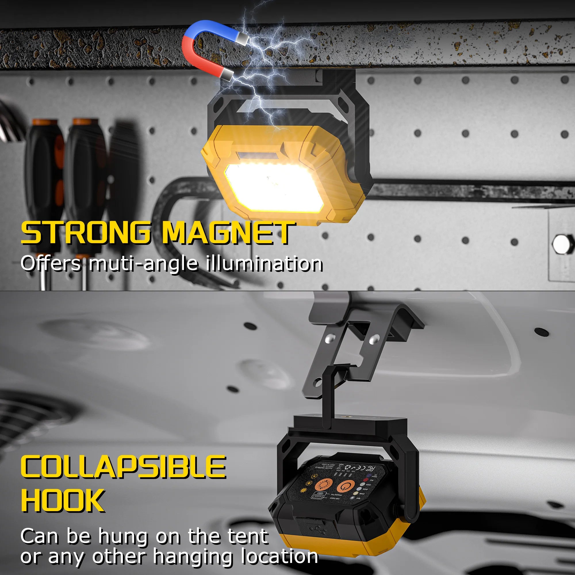 COB LED Magnetic Rechargeable Work Light 15 Lighting Modes 360° Rotatable Flood Lights for Car Repair Emergency Job Lighting