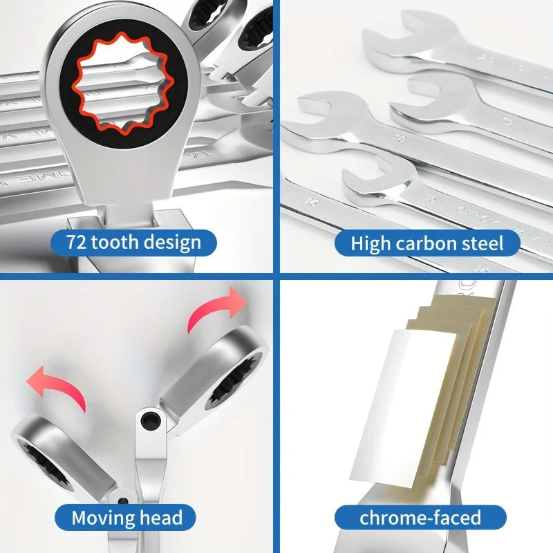 72-Teeth Chrome Vanadium Steel 8pcs Ratcheting Wrench Set | Metric and SAE | Ratchet  | 8-19mm & 1/4" to 13/16