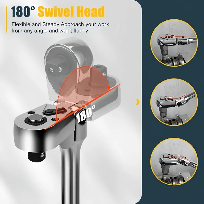 6pcs Flex Head Ratchet Wrench Set 72 Tooth Swivel 1/4 3/8 1/2 Drive Chrome Vanadium Steel with Extension Bars EVA Foam