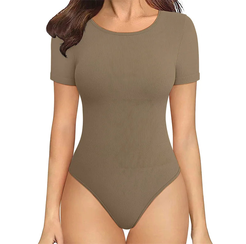 Custom Round Neck T Shirt Body Suit Top Yoga Slimming Body Shaper Womens Short Sleeve Bodysuit