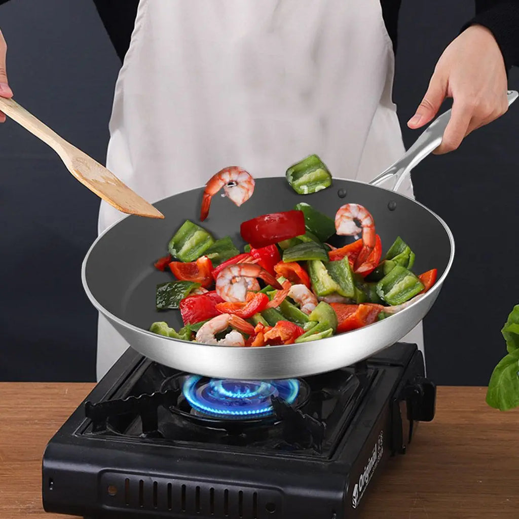 DB   24cm Stainless Steel Fry Pan for Home Cooking Non-Stick Metal Induction Wok with Metal Interior