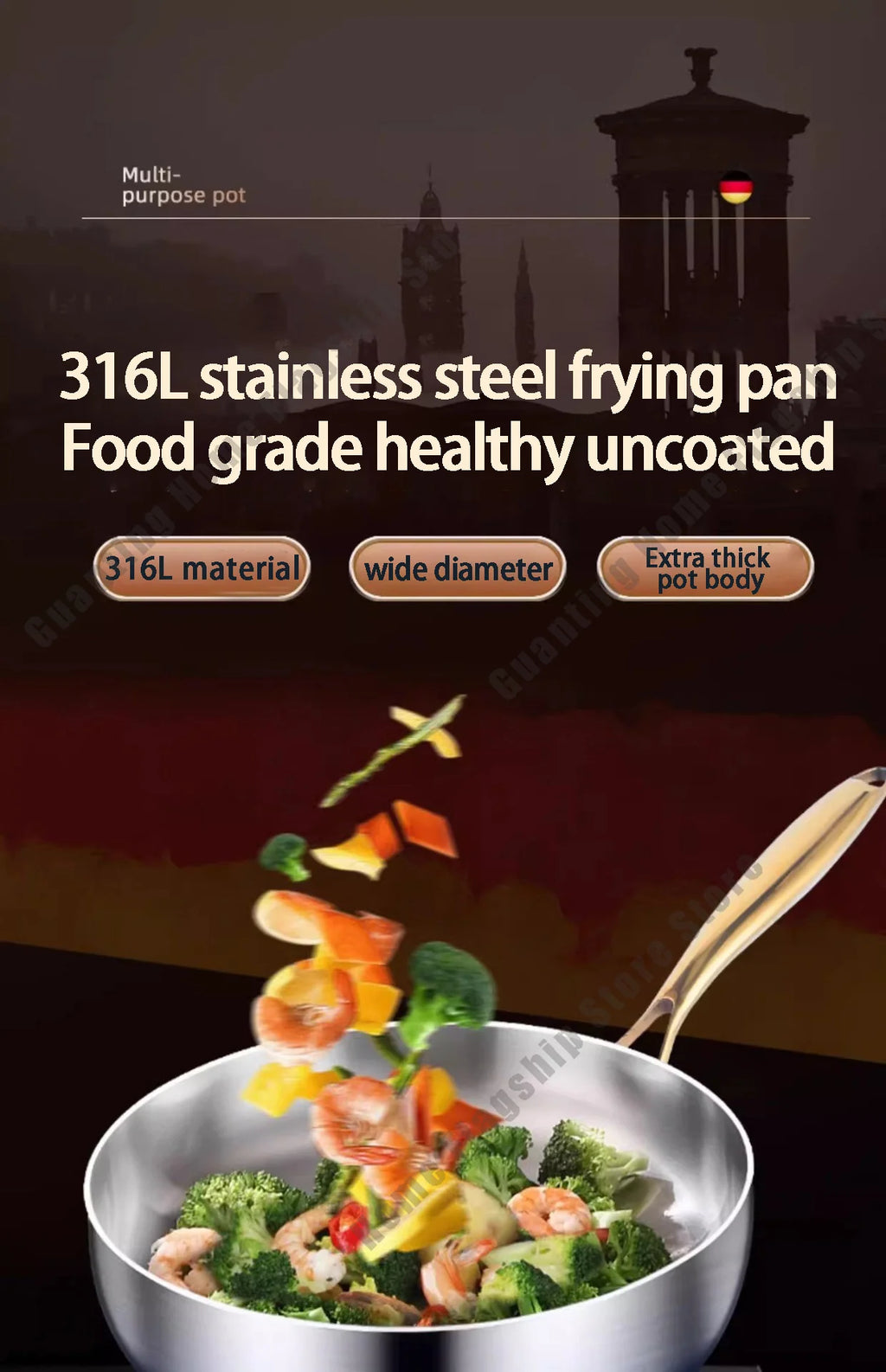 316 Stainless Steel Frying Pan Deepened Wok Non-Stick Skillets Steak Gas Stove Induction Cooker Universal Pan Kitchen Cookware