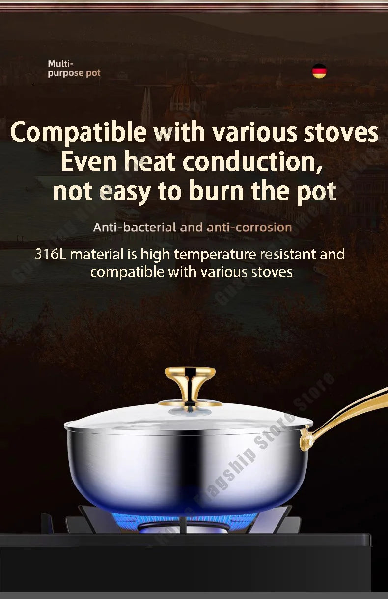 316 Stainless Steel Frying Pan Deepened Wok Non-Stick Skillets Steak Gas Stove Induction Cooker Universal Pan Kitchen Cookware