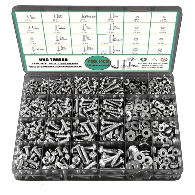 710pcs Nuts Bolts Kit #4 to #10 Phillips Pan Head Flat Washers Durable Storage Case