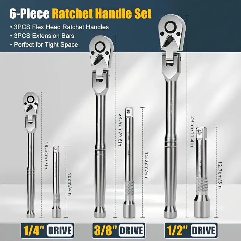 6pcs Flex Head Ratchet Wrench Set 72 Tooth Swivel 1/4 3/8 1/2 Drive Chrome Vanadium Steel with Extension Bars EVA Foam