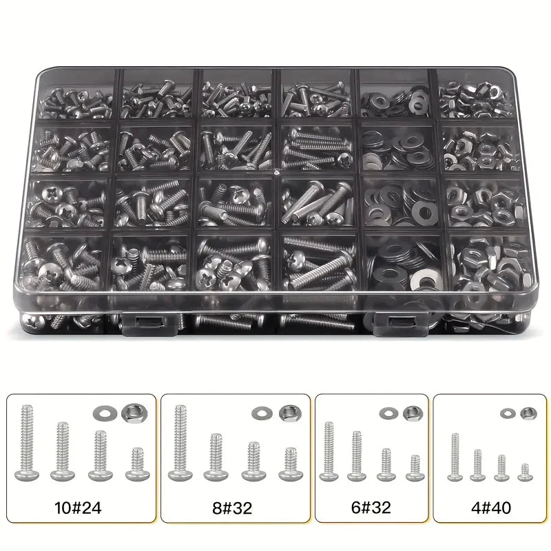 710pcs Nuts Bolts Kit #4 to #10 Phillips Pan Head Flat Washers Durable Storage Case