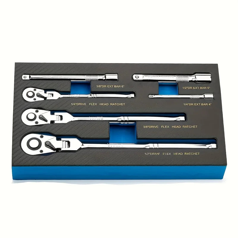 6pcs Flex Head Ratchet Wrench Set 72 Tooth Swivel 1/4 3/8 1/2 Drive Chrome Vanadium Steel with Extension Bars EVA Foam