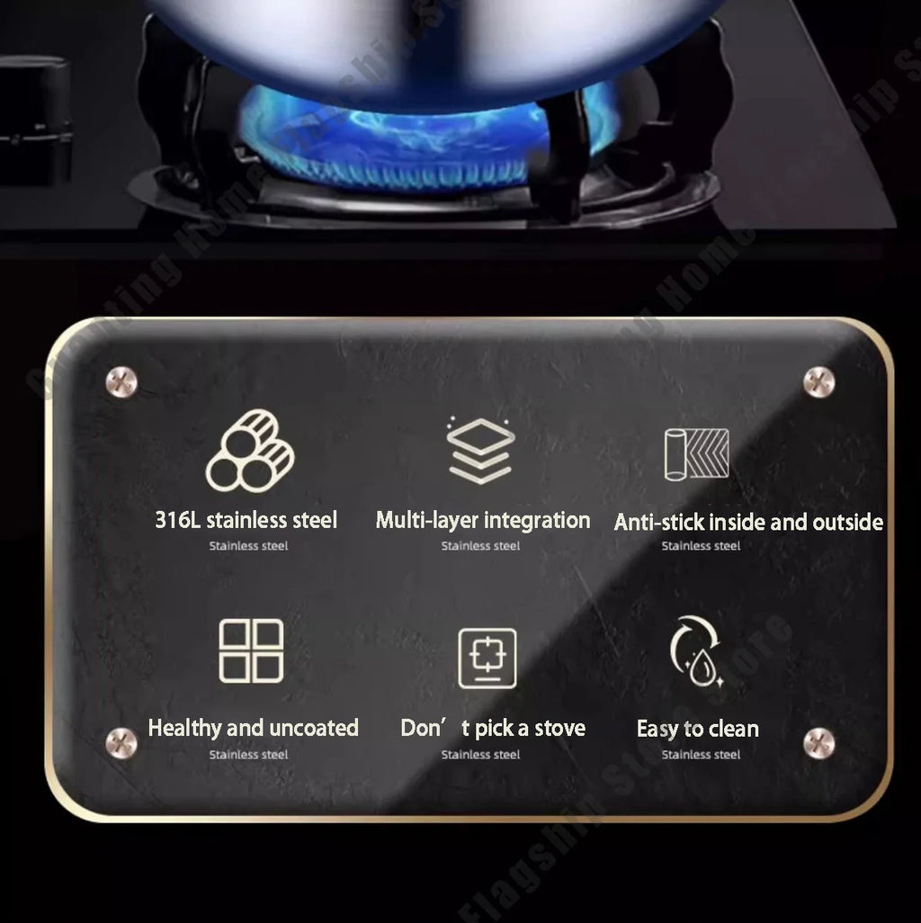 316 Stainless Steel Frying Pan Deepened Wok Non-Stick Skillets Steak Gas Stove Induction Cooker Universal Pan Kitchen Cookware