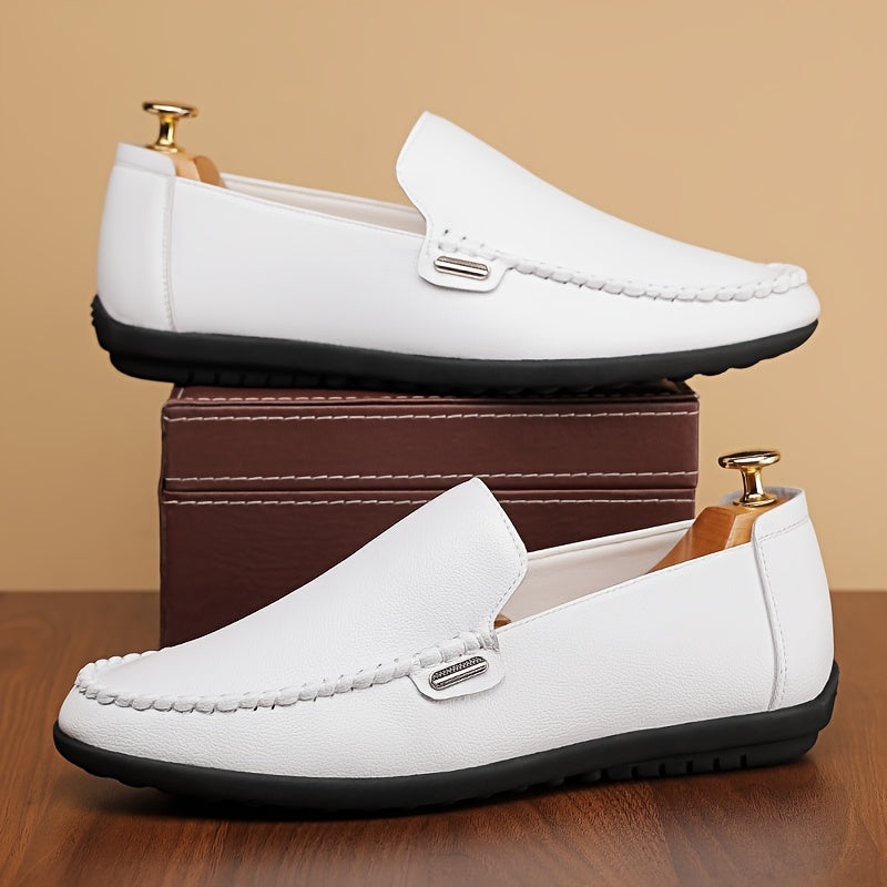 Men’s Business Casual Leather Loafers – Pointed Toe Slip-On Dress Shoes with Rubber Sole, All-Season Minimalist Office & Party Shoes (White)