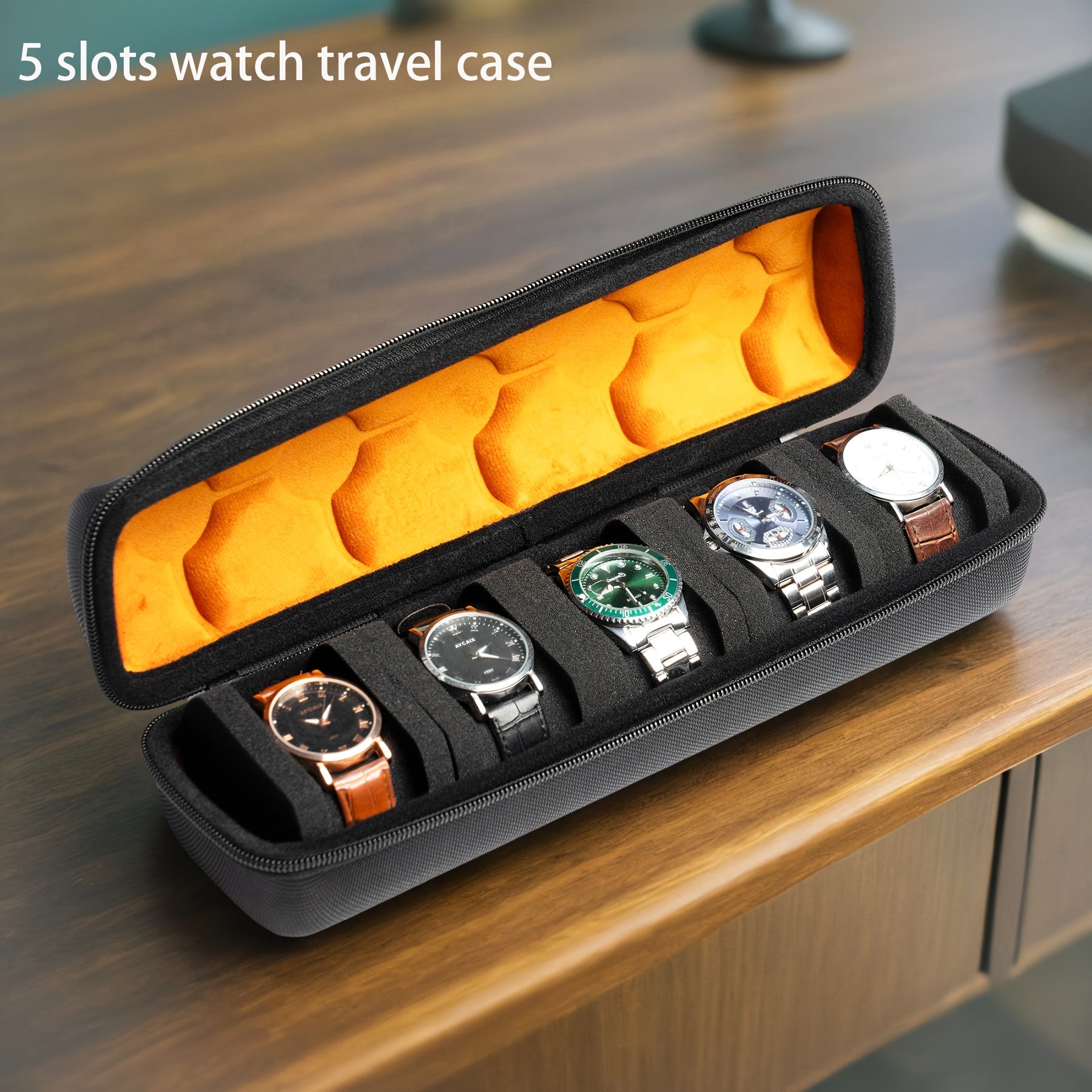 5-Slot Travel Watch Case Organizer – Hard Shell Black Nylon Watch Storage Box with Shock-Absorbing Orange Cushions for Small to Large Watches
