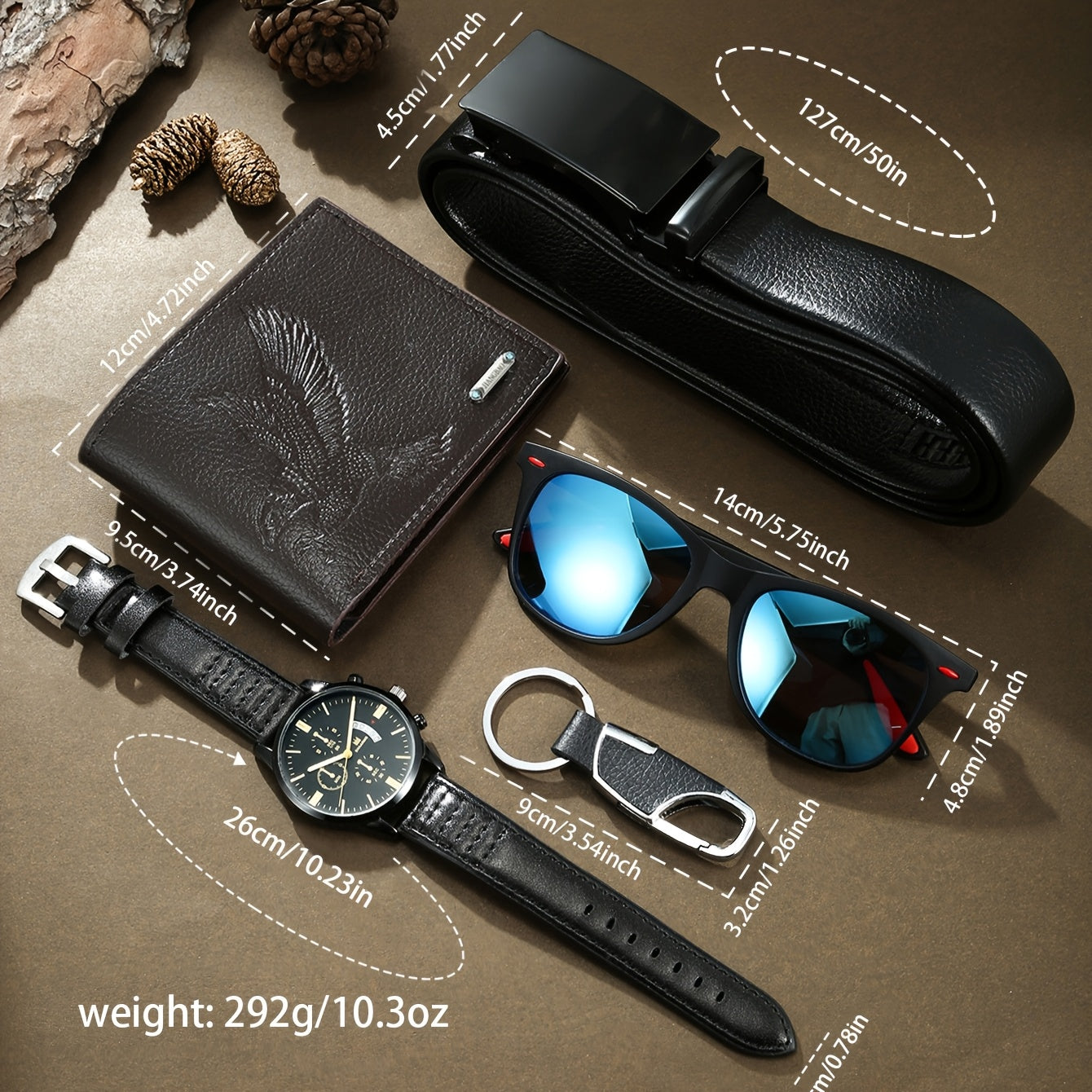 Luxury 5-Piece Men’s Accessory Gift Set – Quartz Watch, Eagle Wallet, Blue Mirror Glasses, Belt & Keychain in Elegant Gift Box
