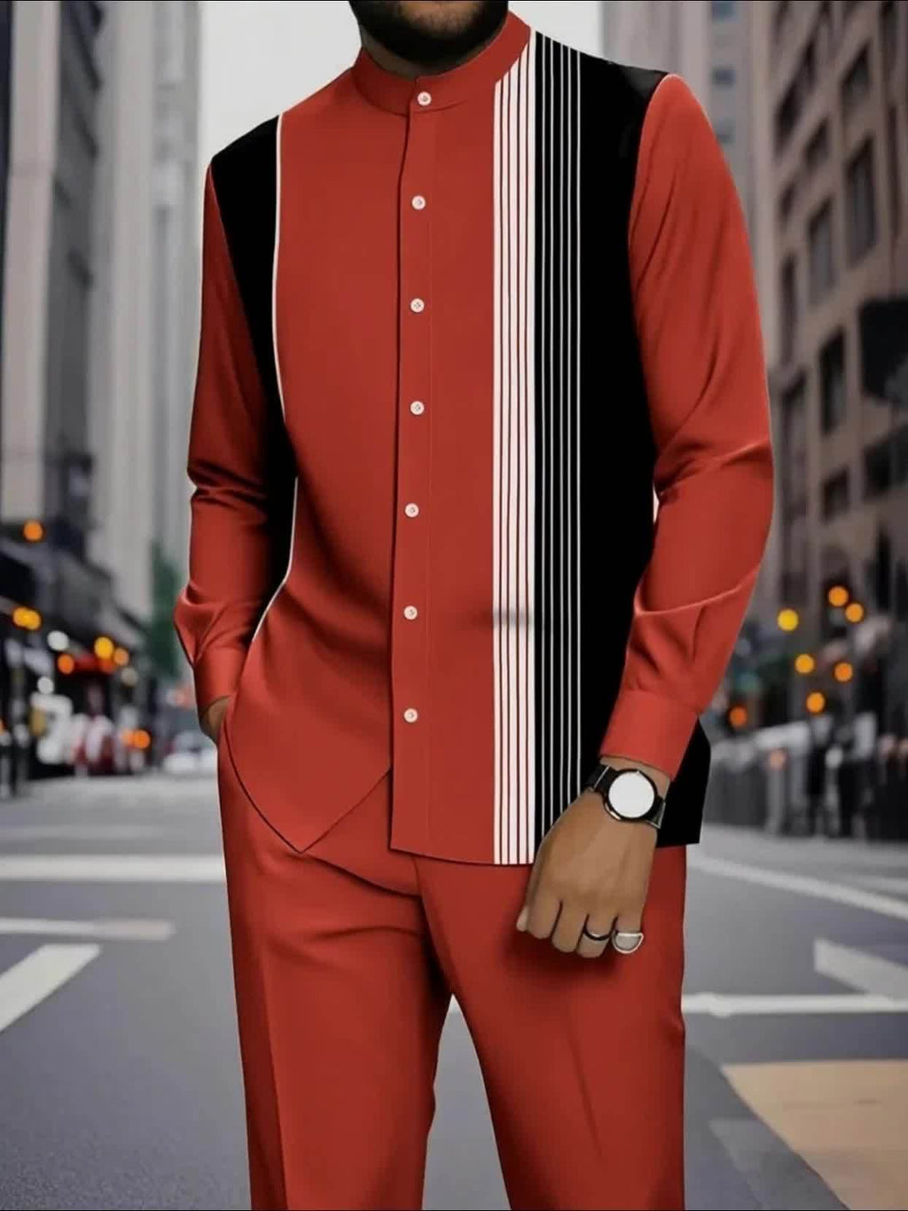 Men’s African-Inspired Red Striped Suit Set – Stand Collar Long Sleeve Shirt & Pants, Breathable Stretch Knit, Wrinkle-Resistant Spring/Fall Outfit