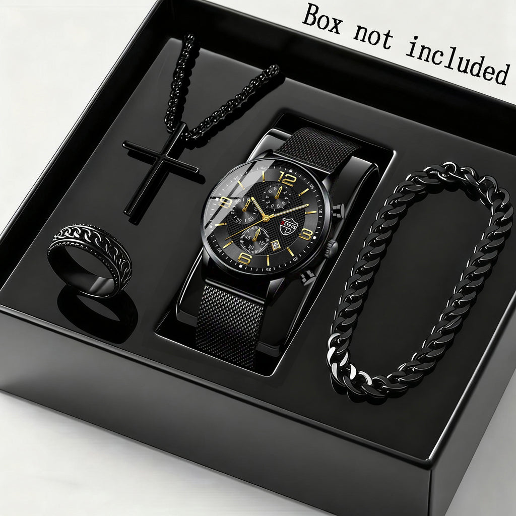 4pcs Men’s Quartz Watch & Bracelet Gift Set – Stainless Steel Analog Date Watch with Matching Bracelet & Necklace, Casual & Business Accessory Set for Father’s Day, Graduation & Teacher’s Day