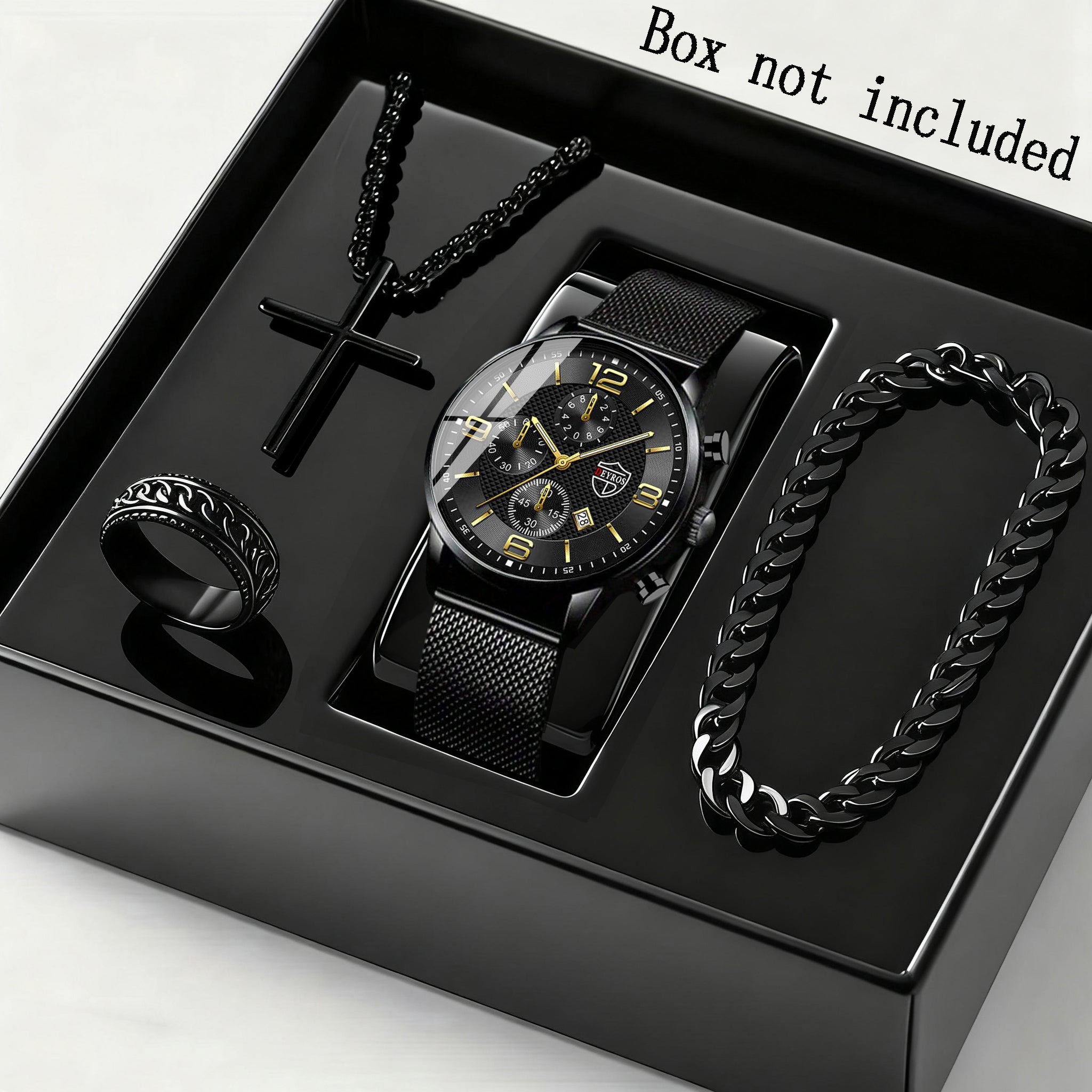 4pcs Men’s Quartz Watch & Bracelet Gift Set – Stainless Steel Analog Date Watch with Matching Bracelet & Necklace, Casual & Business Accessory Set for Father’s Day, Graduation & Teacher’s Day