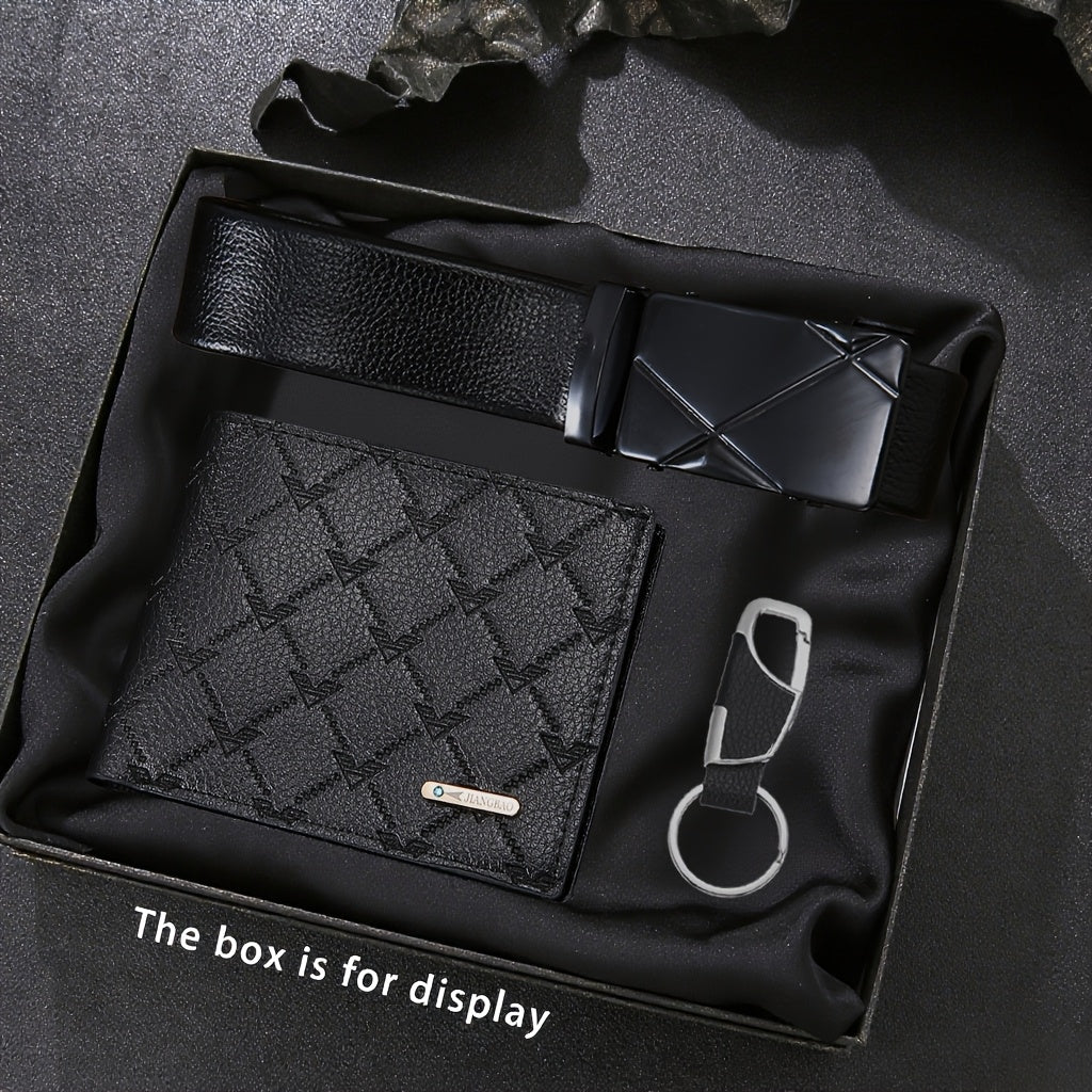 3-Piece Men’s Wallet, Belt & Keychain Set – Black PU Leather Casual Fashion Gift for Valentine’s Day, Anniversary & Daily Wear