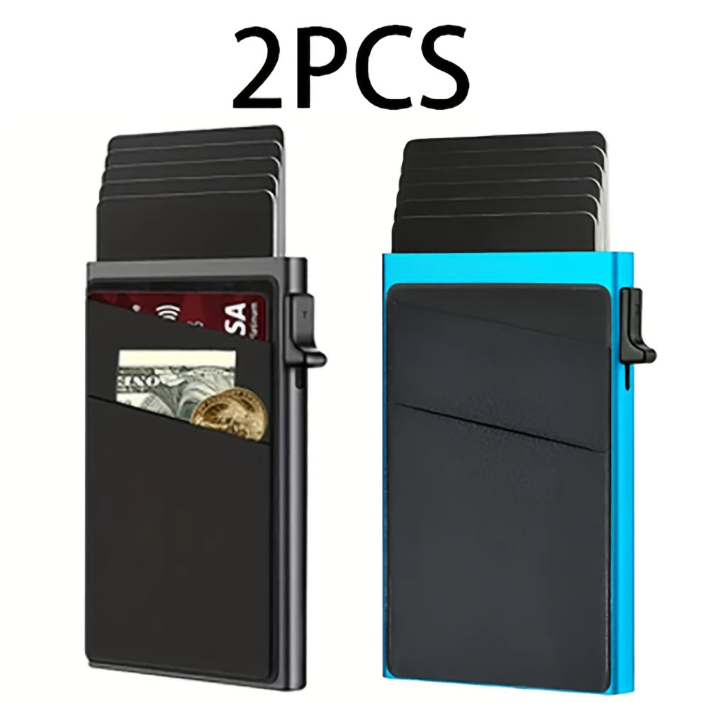 2pcs Ultra-Slim RFID Blocking Multifunctional Wallet, Credit Card Holder for Men - Automatic Pop-Up Card Holder with Money Pocket, Aluminum Alloy Minimalist Business Anti-Degaussing Credit Card Case for Notes, Coins, And Card