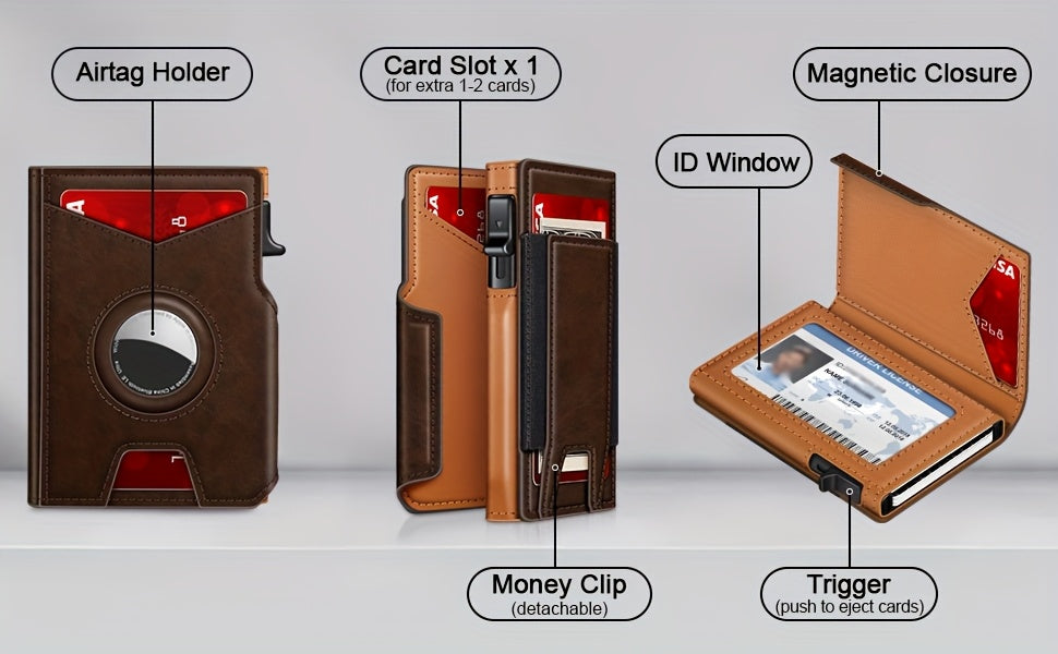 Men’s RFID Blocking Smart Bifold Wallet – Coffee Brown Microfiber Leather, Aluminum Card Holder, Elastic Cash Slot & Magnetic Closure