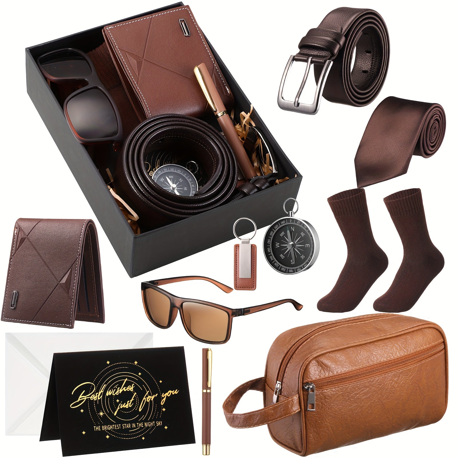 12-Piece Men’s & Father’s Day Gift Set – Brown PU Leather Wallet, Toiletry Bag, Tie, Socks, Belt, Keychain, Glasses, Pen & Compass in Gift Box