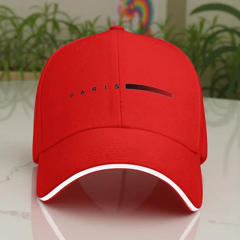 Unisex Paris Print Adjustable Baseball Cap – Blue & Red Striped PVC-Coated Sun-Proof Streetwear Hat for Men & Women
