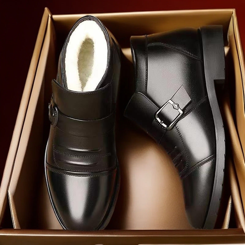 Men'S Winter Work Boots - Slip-On Business Casual Shoes with Non-Slip Rubber Sole, Warm Fleece Lining - Pointed Toe Formal & Everyday Boots for Elderly, Office, Wedding, Party - Easy-Clean Black Boots, Office Footwear, Sleek