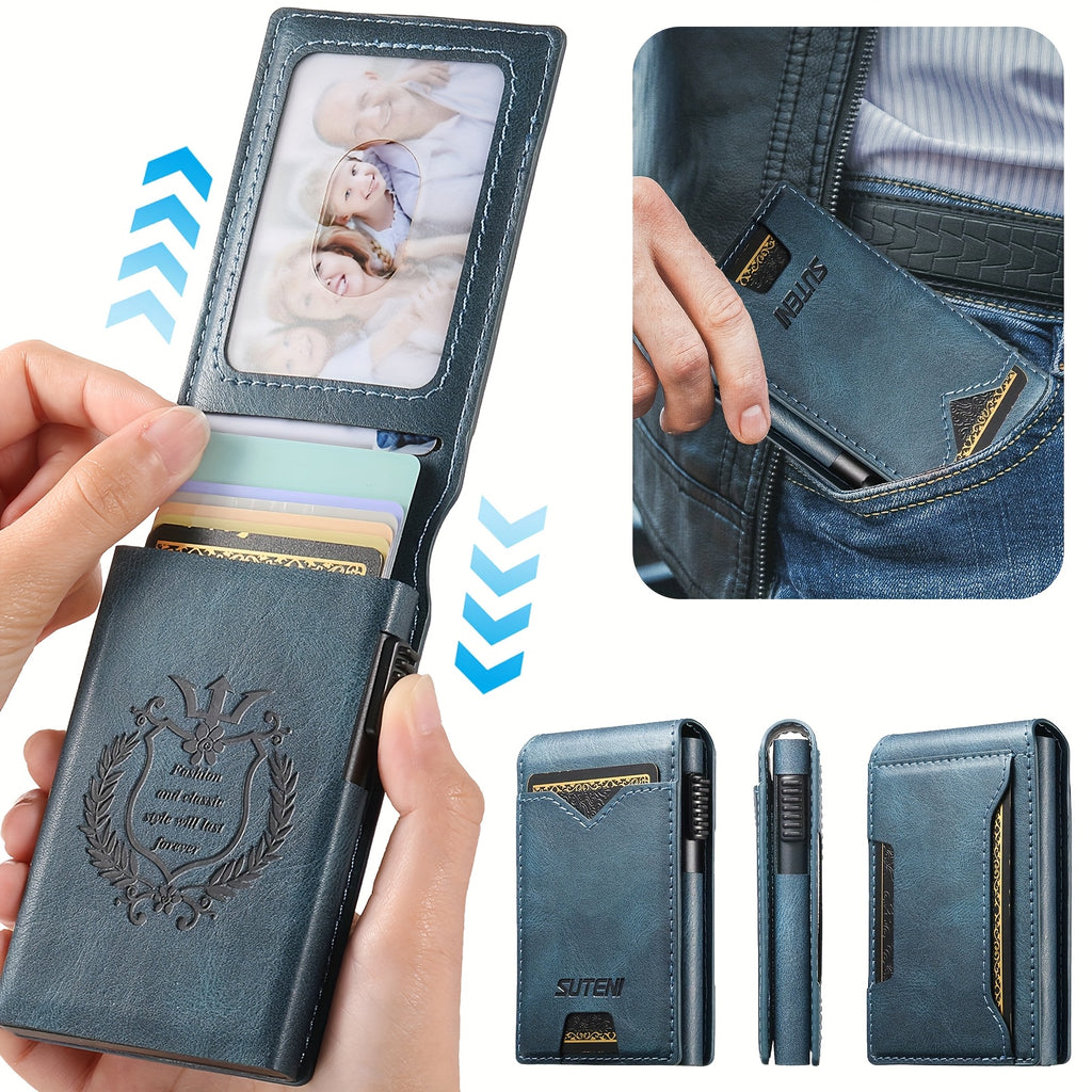 SUTENI Men’s Automatic Card Ejector Wallet – Light Brown Oil-Wax Faux Leather Business Wallet with Flip Cover, Photo Slot & Multiple Card Slots