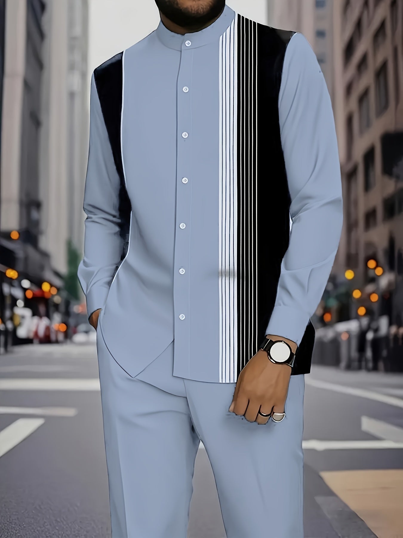 2025 Autumn Men’s Light Blue Striped Casual Suit – Stand Collar Long-Sleeve Shirt & Trousers Set for Daily Wear & Work