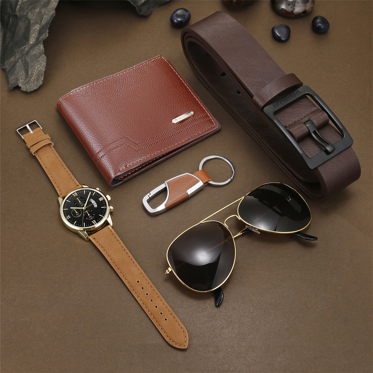 5-Piece Men’s Luxury Business Gift Set – Golden-Tone Quartz Watch, Aviator Glasses, Brown Wallet, Belt & Keychain – Fashion Accessories for Parties & Holidays