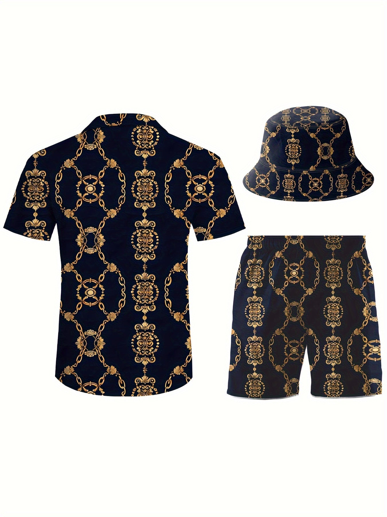Men’s 3-Piece Retro Beach Outfit Set – Golden Chain Hawaiian Sportswear with Shirt, Shorts & Bucket Hat