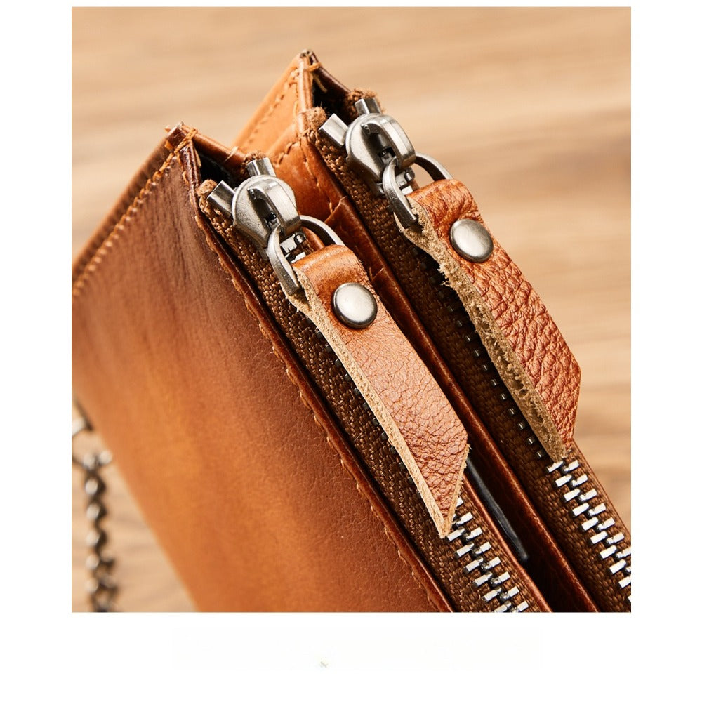 Men’s Brown RFID Blocking Leather Wallet with Chain – Zipper Coin Purse, Card Holder & ID Window, Top-Grain Business Wallet