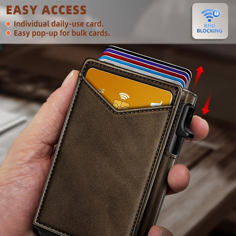 Men’s Burgundy RFID Blocking Metal Wallet – Ultra-Thin Pop-Up Aluminum-Style Cardholder with Cash Pocket & ID Slot for Everyday Carry, Business & Travel