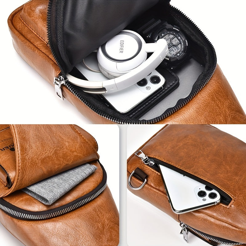 Men’s Retro Faux Leather Crossbody Chest Bag – Large Capacity Multi-Compartment Travel Shoulder Bag by YMK