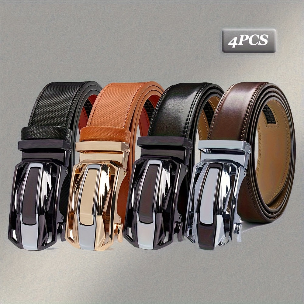 4-Pack Men’s Genuine Leather Belts with Automatic Golden Buckle – Brown Casual & Dress Belt Set for Business, Jeans, Office & Weddings