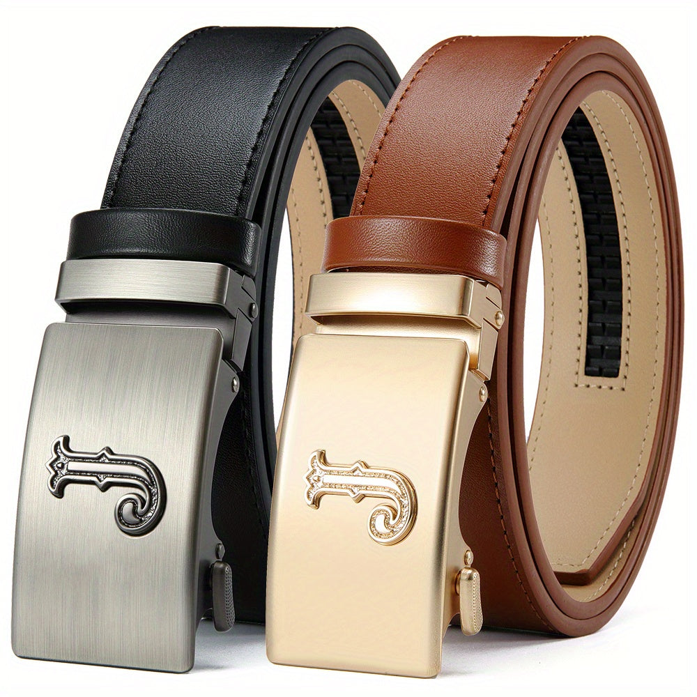 2pcs Men’s Leather Ratchet Belt Set – Black & Brown Automatic Buckle Dress Belts for Jeans, Suits & Casual Pants, Perfect Men’s Gift for Any Occasion