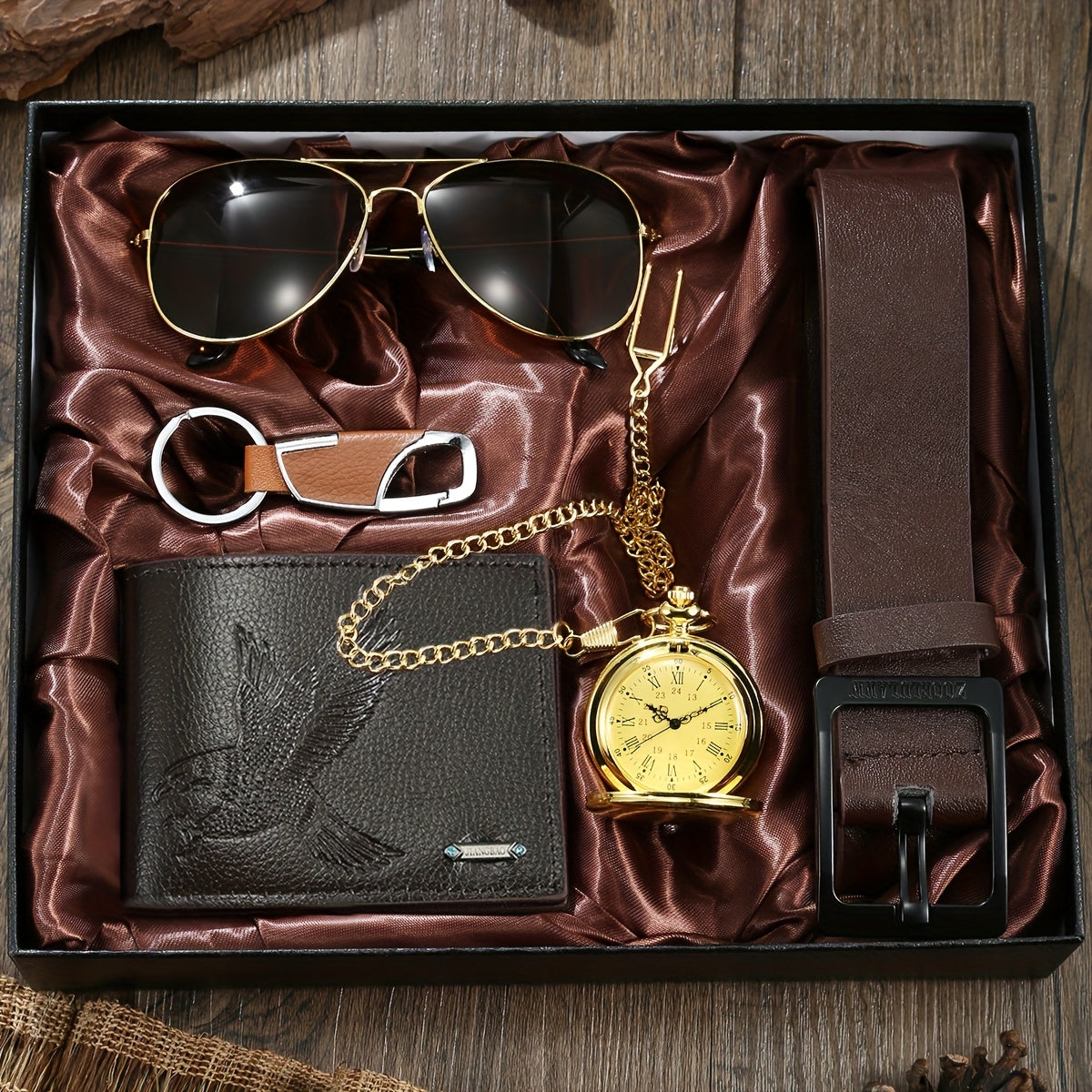 5pcs Men’s Vintage Gentleman Gift Set – Golden Pocket Watch, Eagle-Embossed Wallet, PU Leather Dress Belt, Pilot Glasses & Keychain in Elegant Box – Business Accessories Birthday, Christmas & Wedding Gift