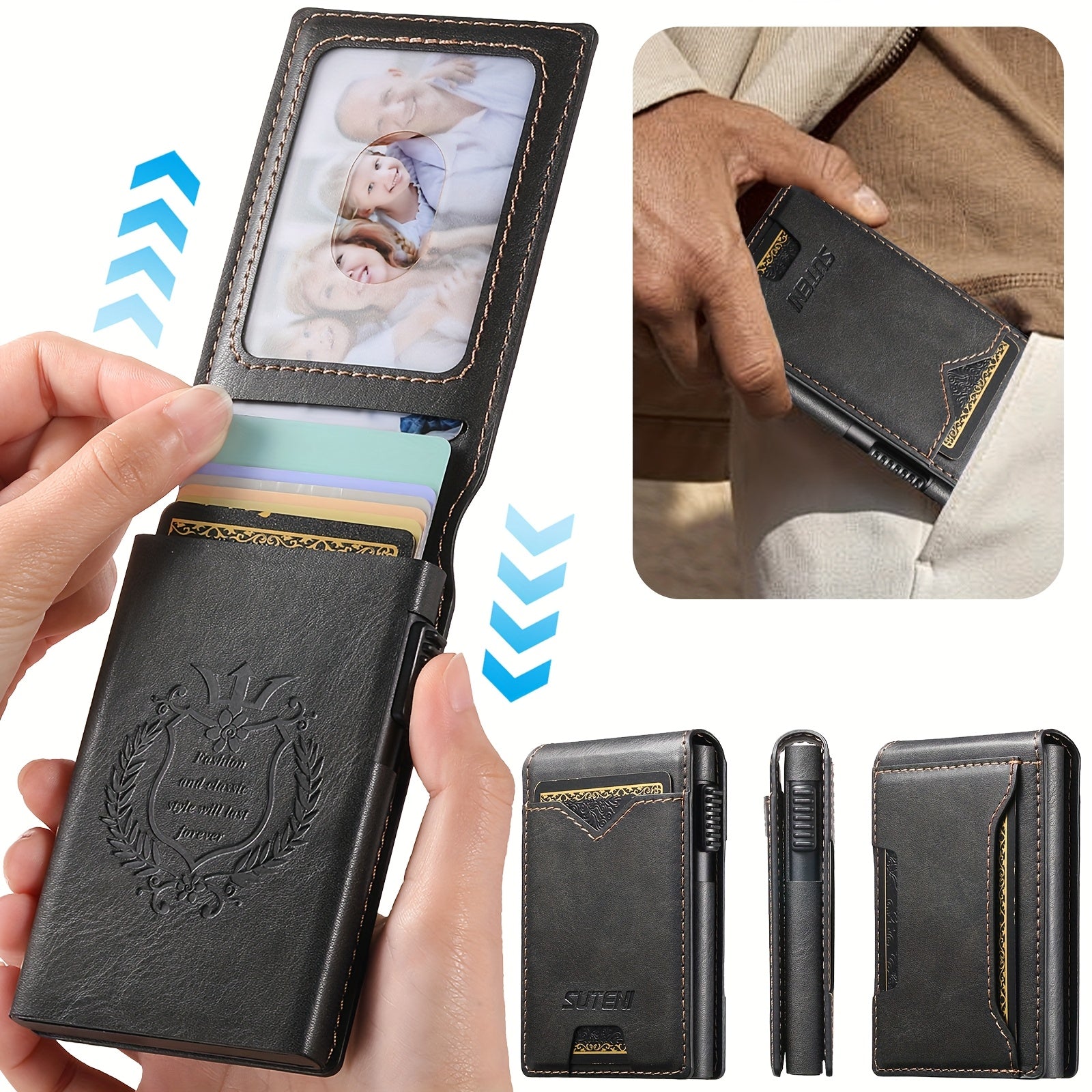 SUTENI Men’s Automatic Card Ejector Wallet – Light Brown Oil-Wax Faux Leather Business Wallet with Flip Cover, Photo Slot & Multiple Card Slots