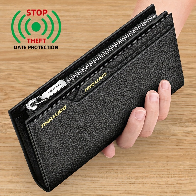 BANYANU Men’s RFID Blocking Long Leather Wallet – Top Grain Clutch with 25 Card Slots, Phone Pocket, Wristlet & Snap Closure