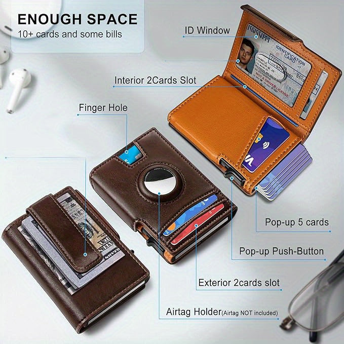 Retro Men’s RFID Blocking Card Case – Black Vintage Microfiber Leather Wallet with Pop-Up Multi-Slots, Magnetic Flip Cover, Coin Pocket & ID Window