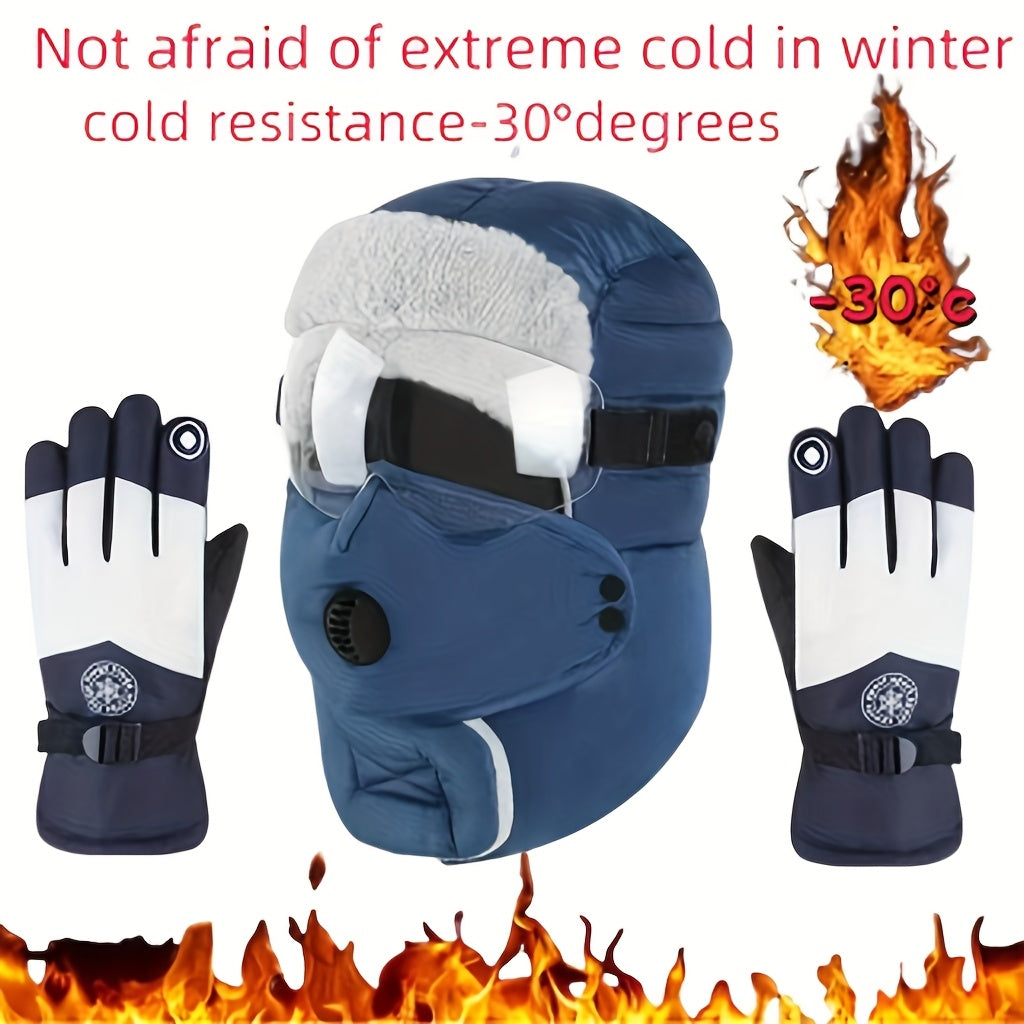 2pcs Set Winter Cycling Hat & Gloves – Fleece-Lined Earflap Face Mask Hat with Neck Warmer & Thickened Unisex Ski Gloves, Outdoor Sports Cold Weather Set
