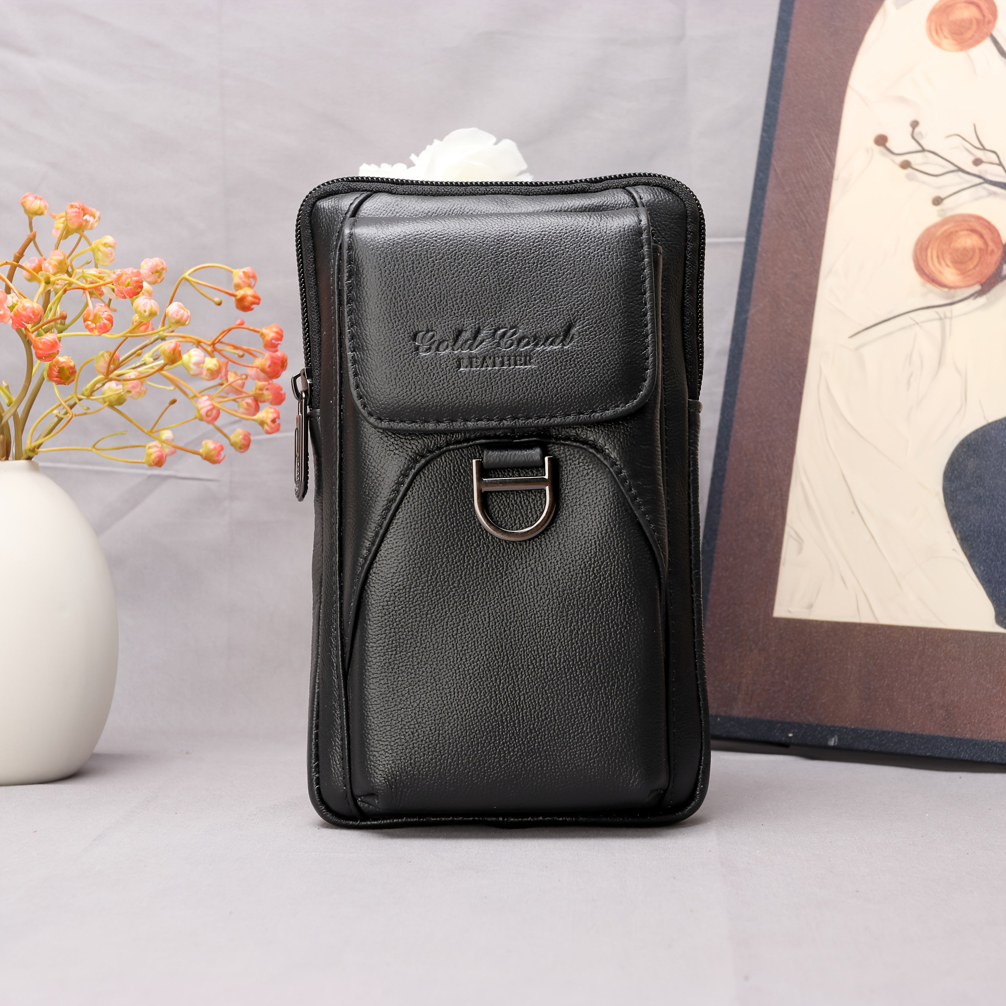 EAPN Men’s Genuine Leather Waist Bag & Wallet Combo – Black Top-Grain Crossbody Belt Bag with Multi-Pockets, Detachable Adjustable Strap & Zipper Closure for Daily Commute, Business & Casual