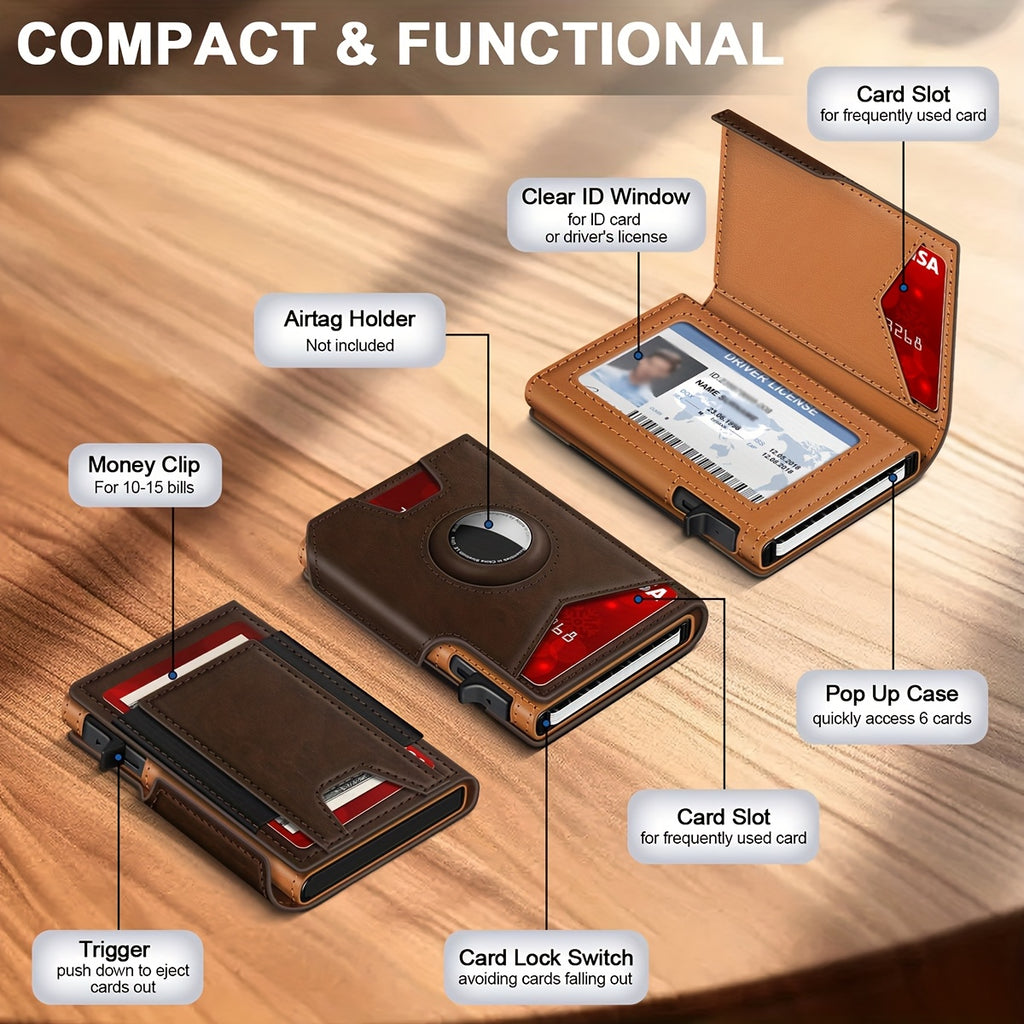 Men’s RFID Blocking Smart Bifold Wallet – Coffee Brown Microfiber Leather, Aluminum Card Holder, Elastic Cash Slot & Magnetic Closure