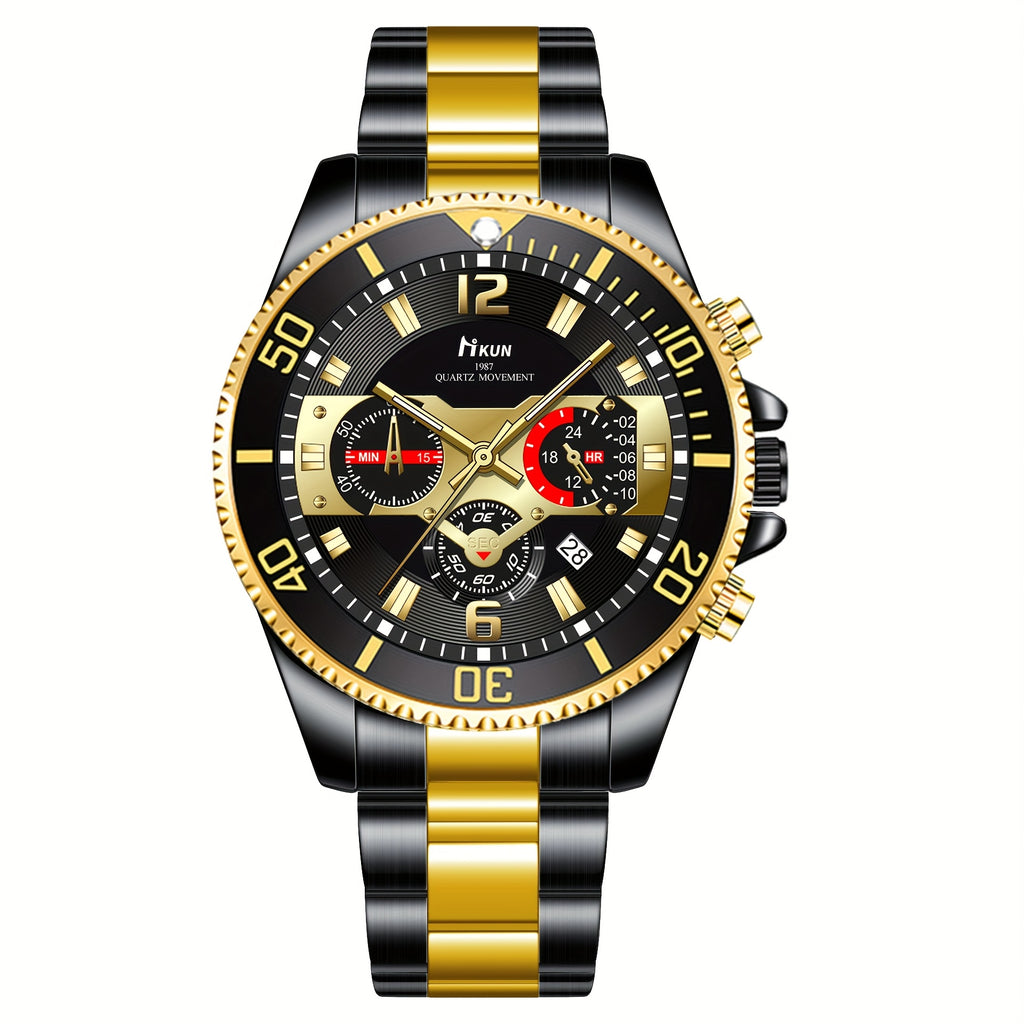 Men’s 5pcs Luxury Black Gift Set – Two-Tone Chronograph Watch, Wallet, Woven Nylon Automatic Belt, Pilot Glasses & Keychain in Elegant Box – Fashion Accessory Kit for Birthday, Halloween, Thanksgiving & Christmas