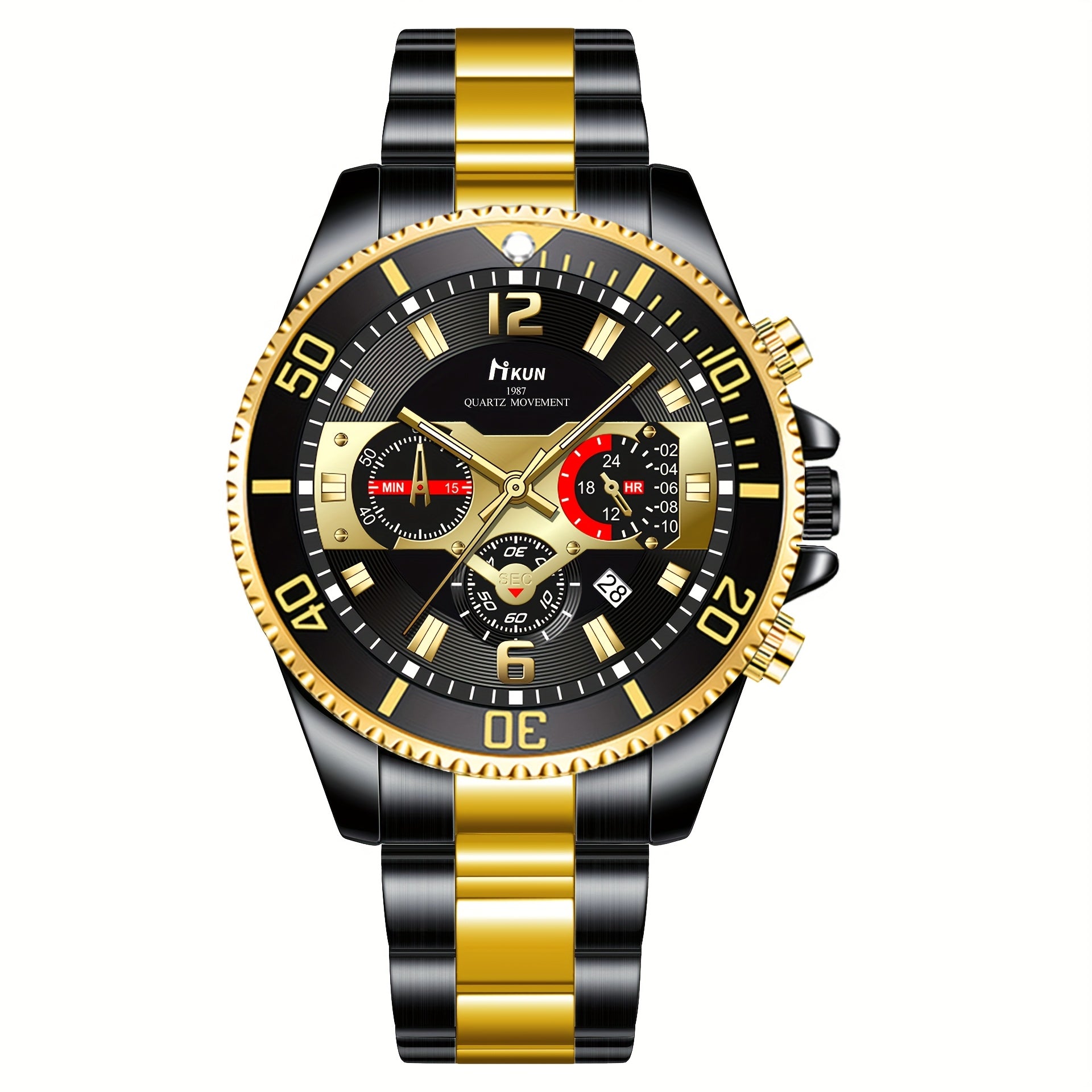 Men’s 5pcs Luxury Black Gift Set – Two-Tone Chronograph Watch, Wallet, Woven Nylon Automatic Belt, Pilot Glasses & Keychain in Elegant Box – Fashion Accessory Kit for Birthday, Halloween, Thanksgiving & Christmas