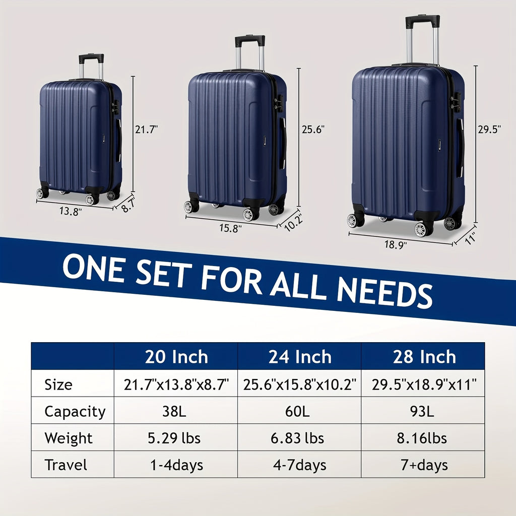 AUTOFOREVER 3-Piece ABS Hardshell Luggage Set – Super Light Scratch-Resistant 20"/24"/28" Spinner Suitcases with Aluminum Frame & Combination Lock (Bright Pink/Grey/Violet/Purple)