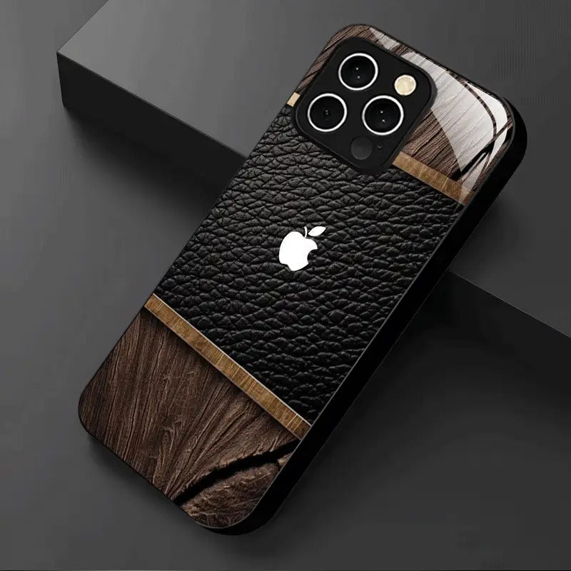 Premium Creative Leather Apple Logo White Light Glass Phone Case, Compatible with iPhone 17/16 Plus/15/14/13/12/11 Pro Max- Stain-Resistant, Fashionable, Minimalist Business Gift, Suitable for All Seasons, Everyday Use, Sleek