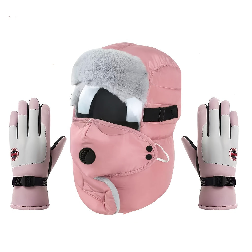 2pcs Set Winter Cycling Hat & Gloves – Fleece-Lined Earflap Face Mask Hat with Neck Warmer & Thickened Unisex Ski Gloves, Outdoor Sports Cold Weather Set