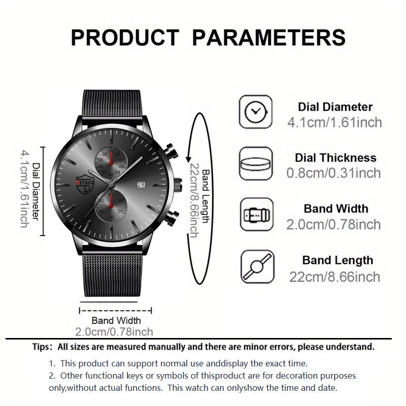 4pcs Men’s Stainless Steel Quartz Watch & Bracelet Gift Set – Analog Date Display Dress & Casual Watch, Matching Bracelets for Business & Everyday Wear, Perfect Gift for Dad, Husband or Boyfriend