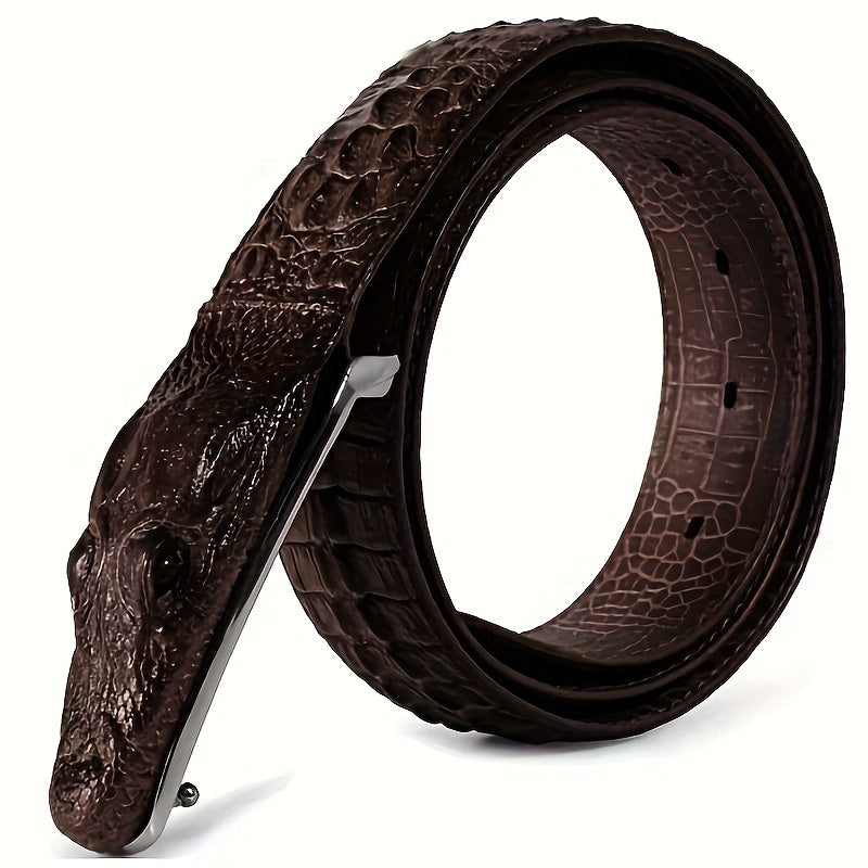 Men’s Crocodile Pattern Embossed Leather Belt – Black Two-Layer Cowhide Belt with Animal Buckle, Casual Fashion Waist Belt for Jeans & Dress Pants